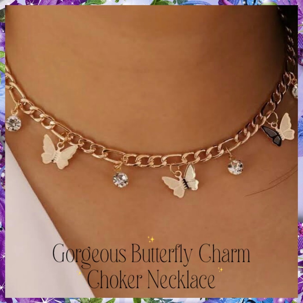 Gold Chain Butterfly & Crystal Charms Dainty Choker Necklace